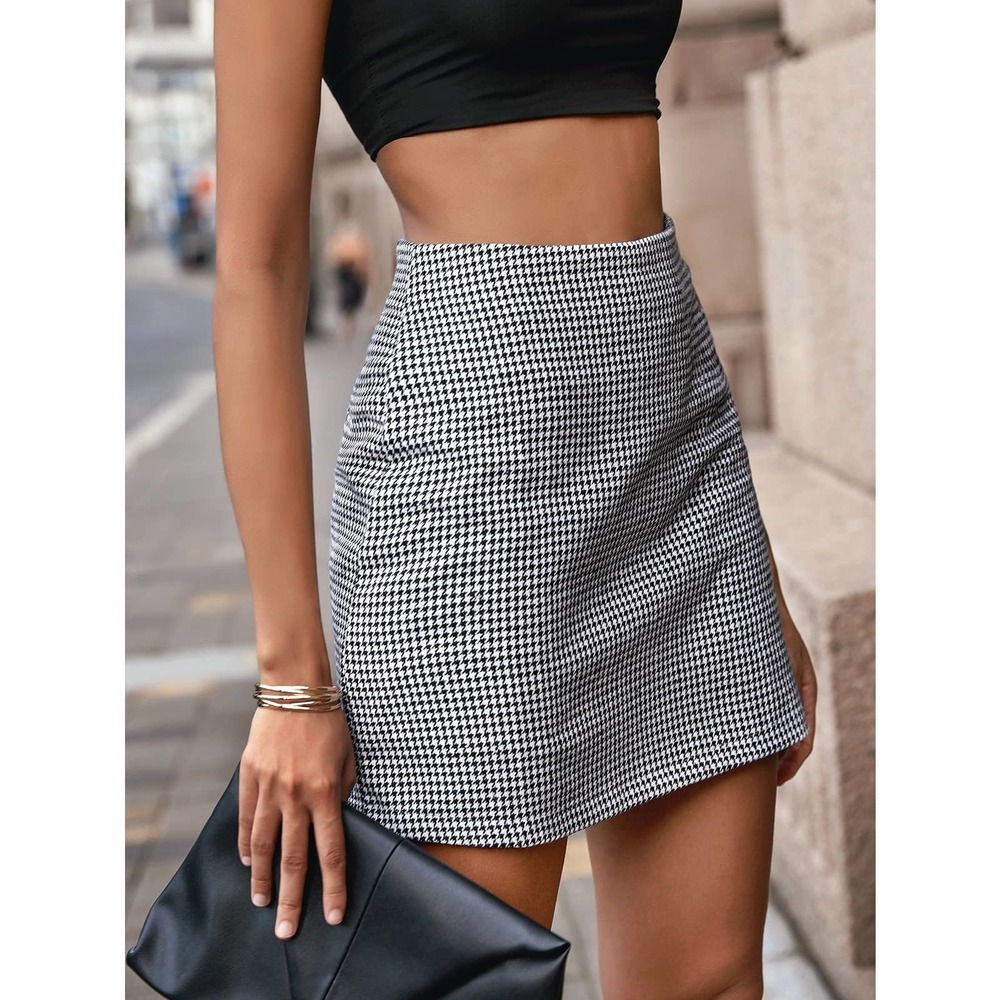 Houndstooth High waist Mini Skirt black white - Picture 1 of 6